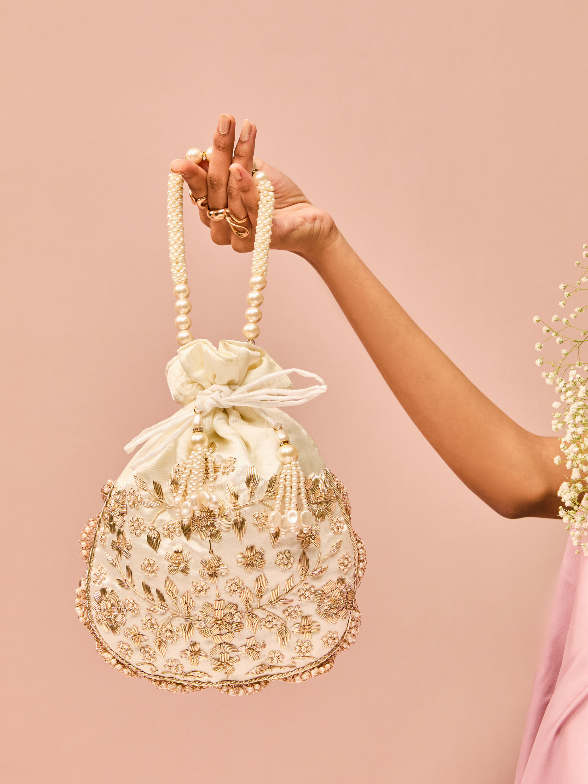 Mohey Women Splendid Cream Satin Potli Bag