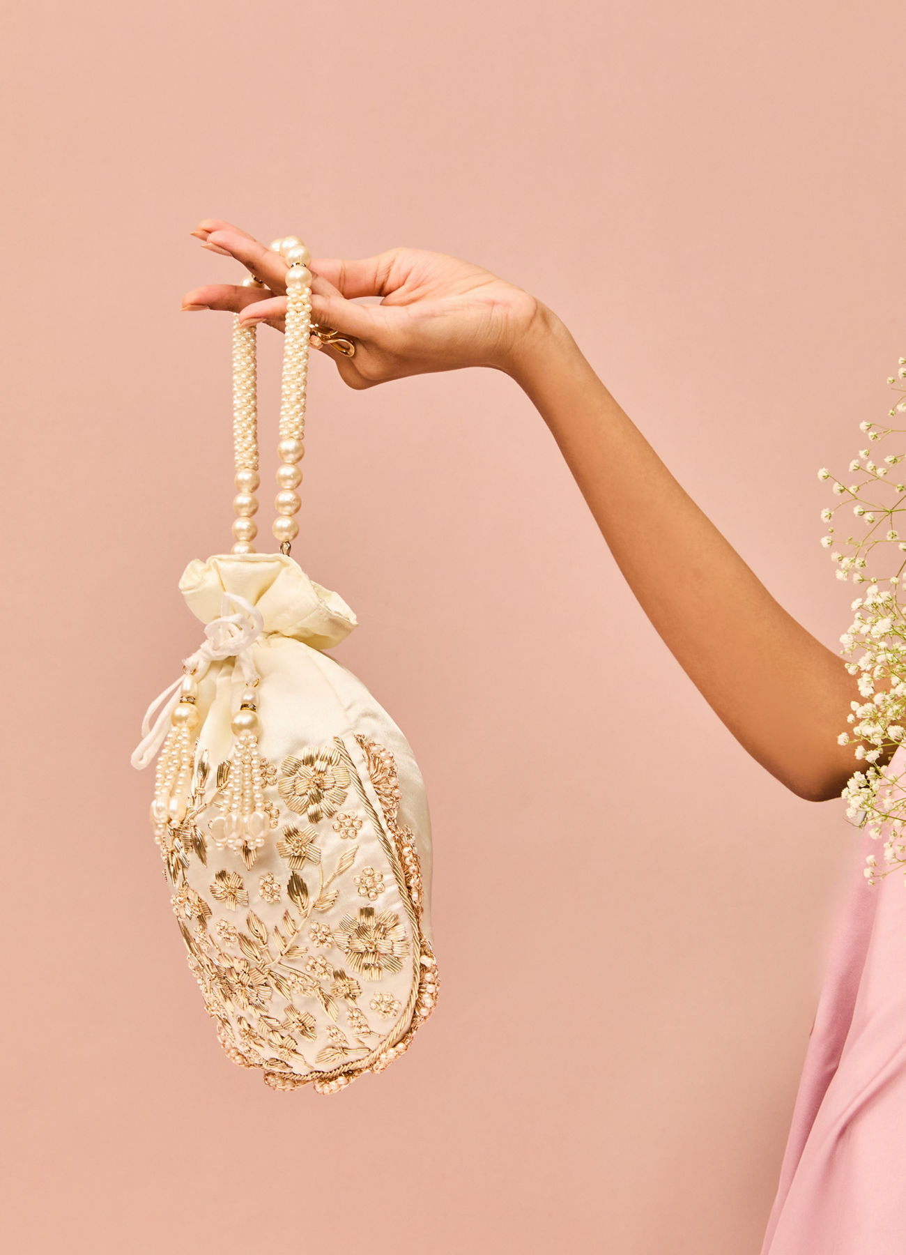 Mohey Women Splendid Cream Satin Potli Bag