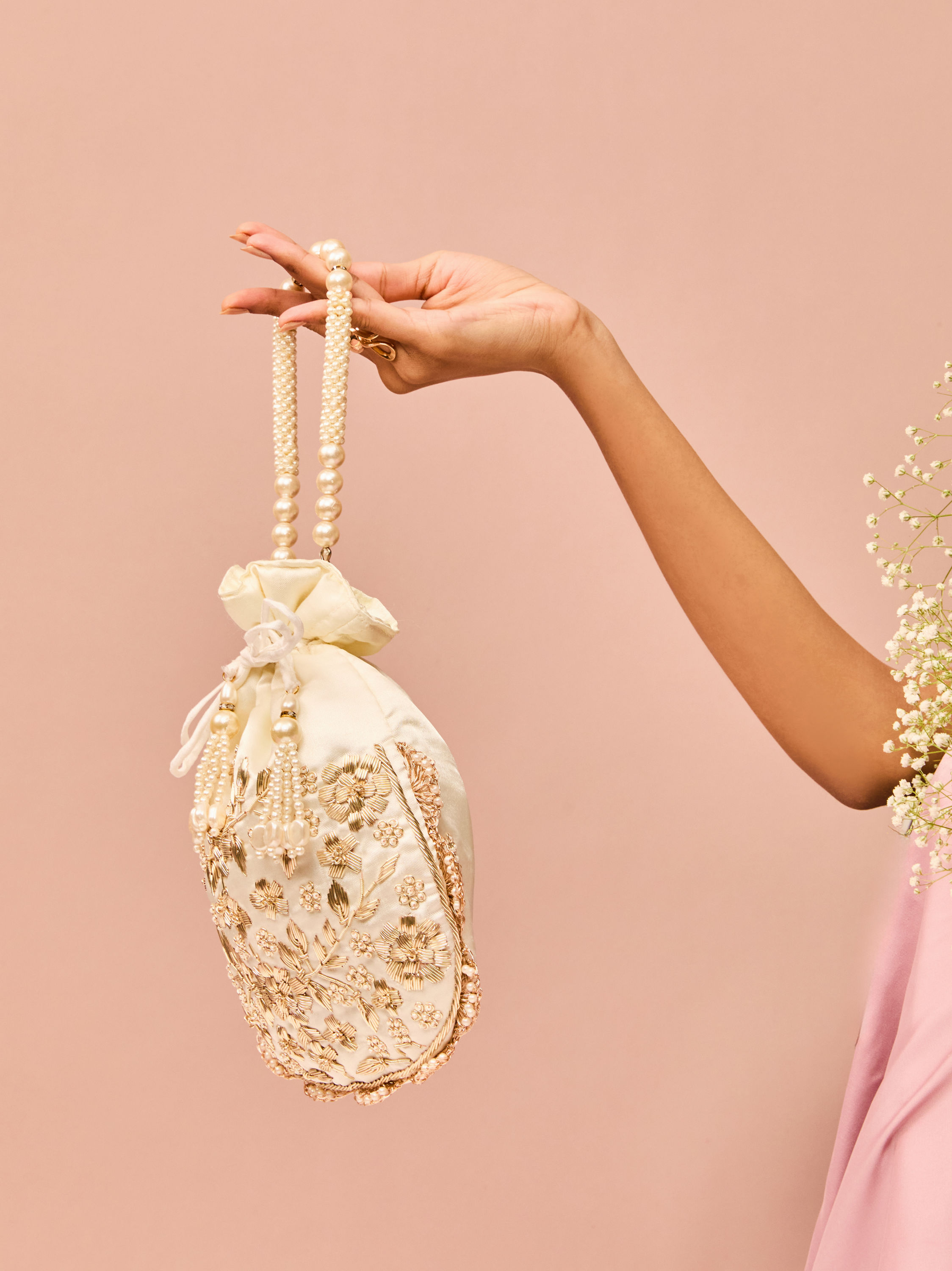 Mohey Women Splendid Cream Satin Potli Bag