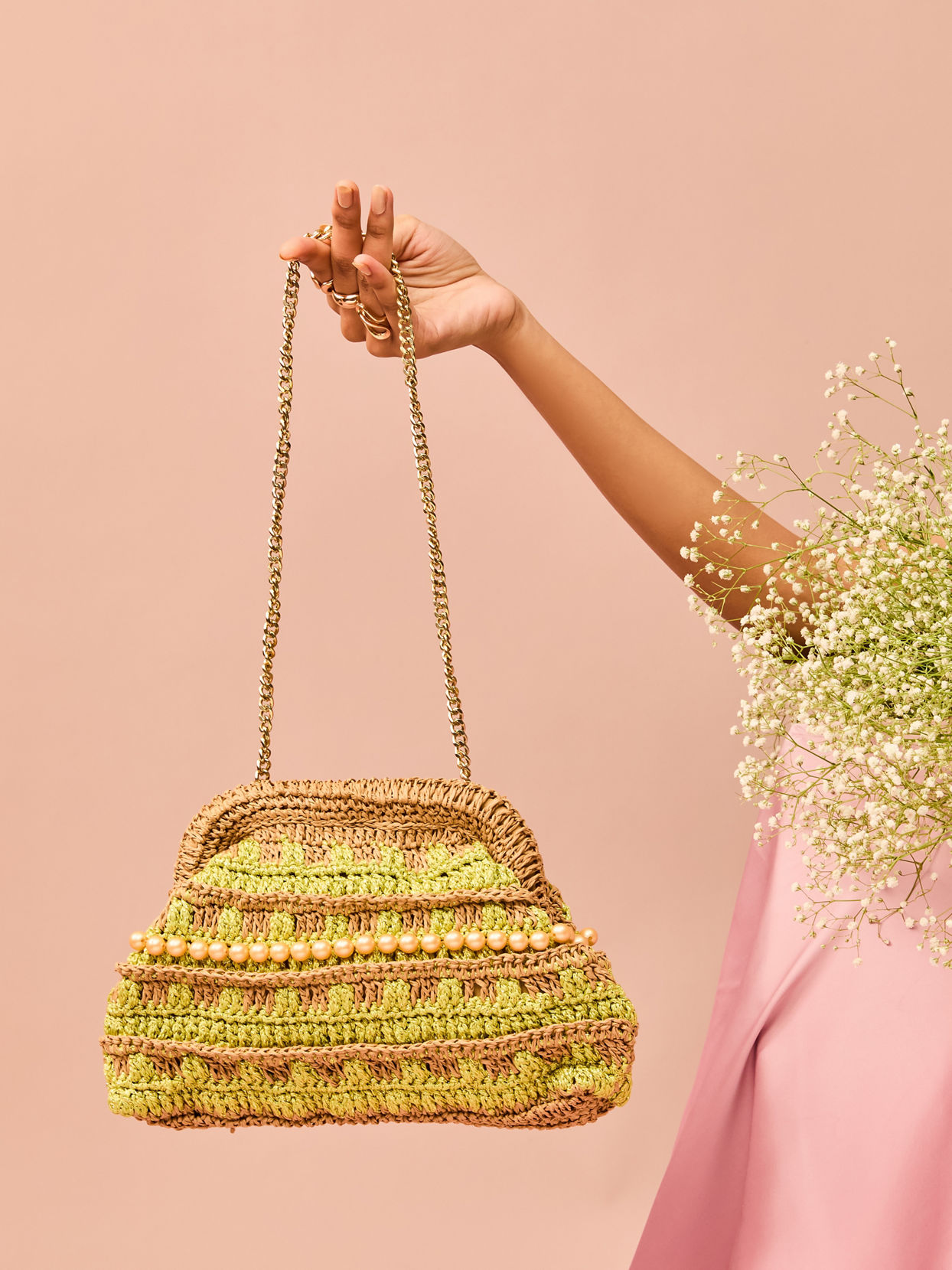 Mohey Women Enchanting Beige Green Clutch Bag