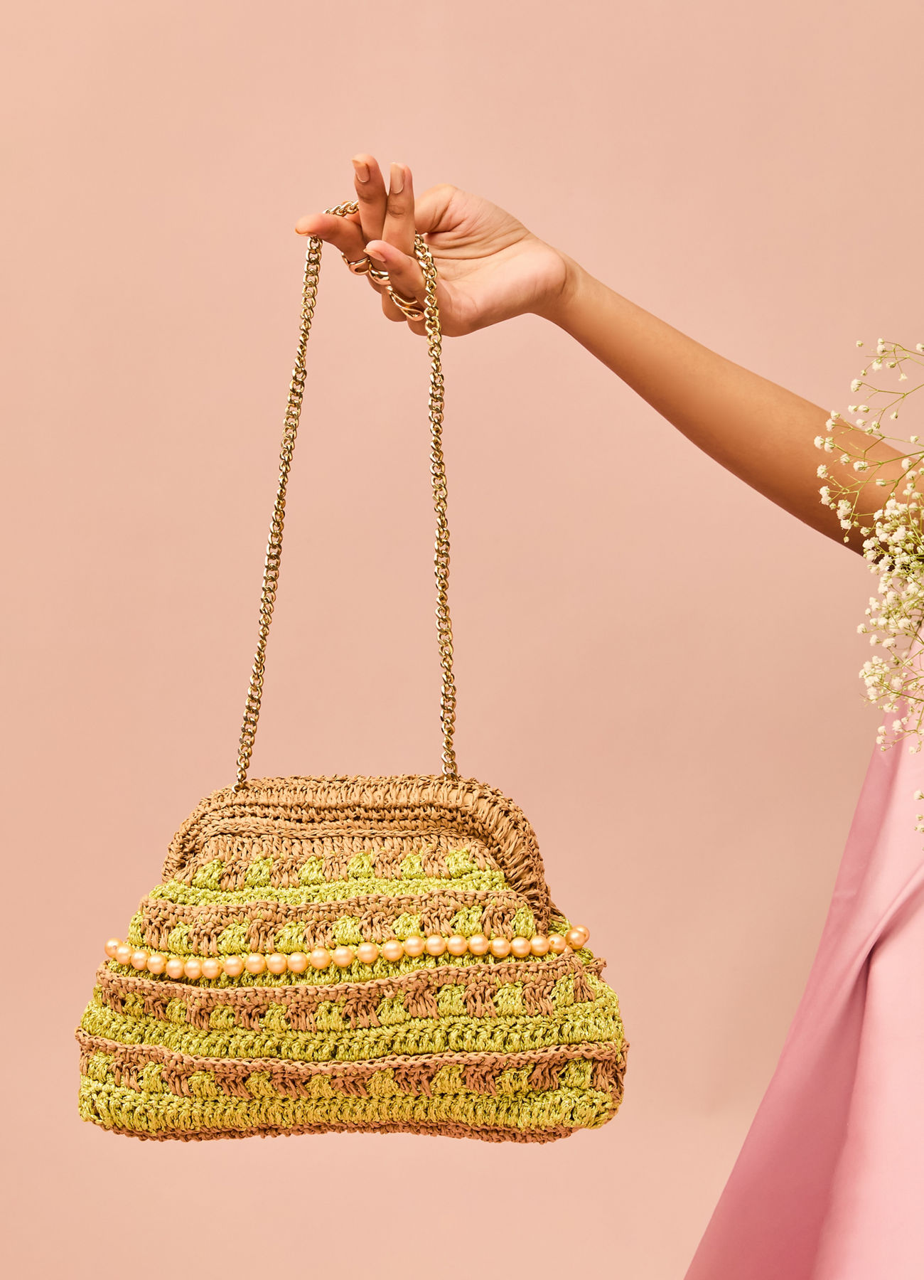 Mohey Women Enchanting Beige Green Clutch Bag
