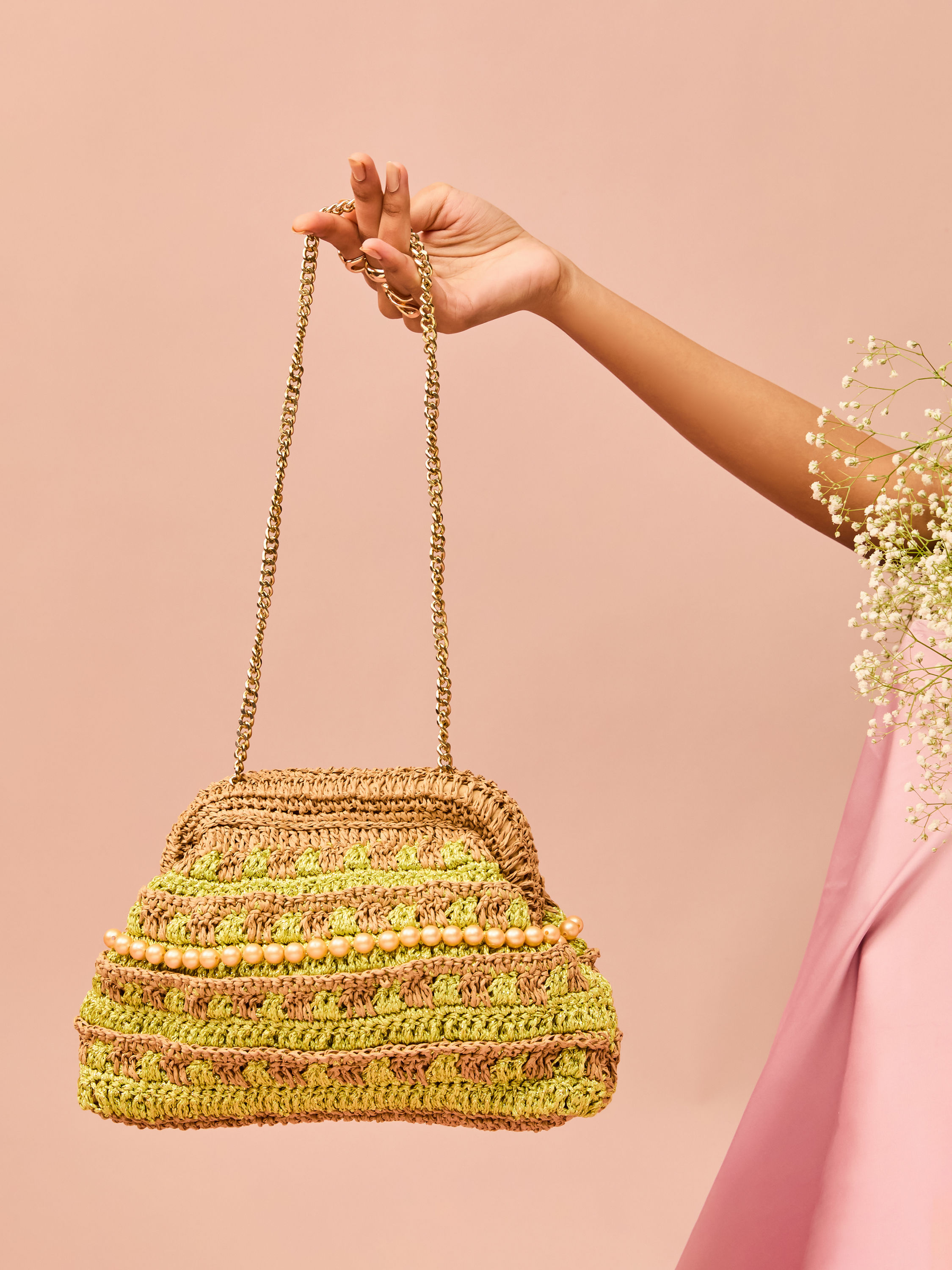 Mohey Women Enchanting Beige Green Clutch Bag