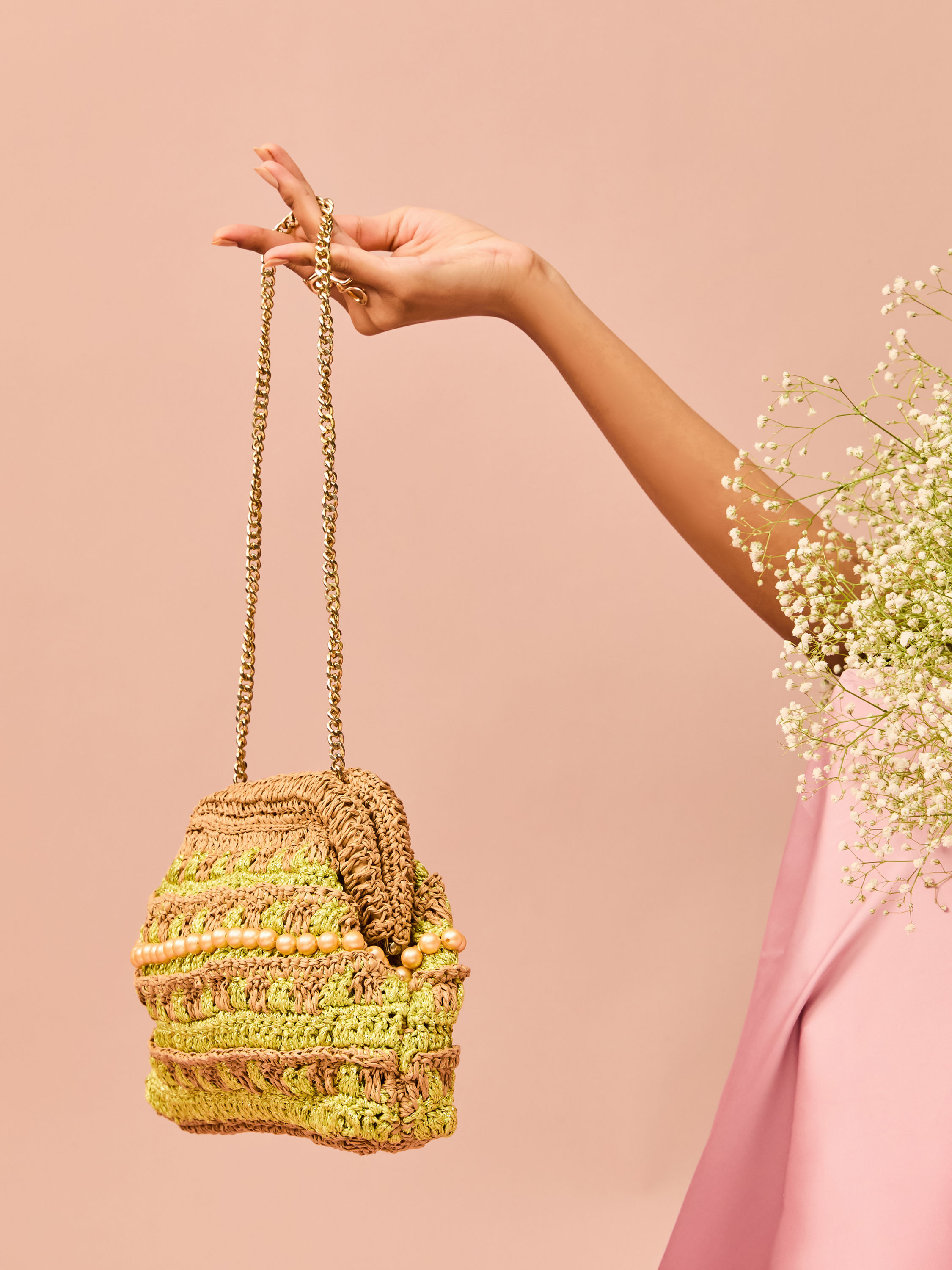 Mohey Women Enchanting Beige Green Clutch Bag