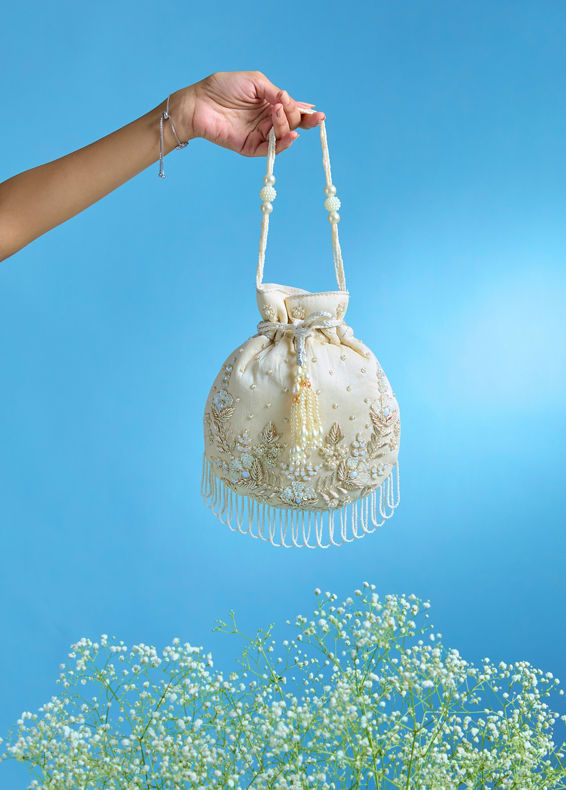 Mohey Women Elegant White Silk Evening Potli Bag