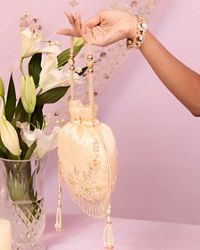Mohey Women Cream Art Silk Potli Bag