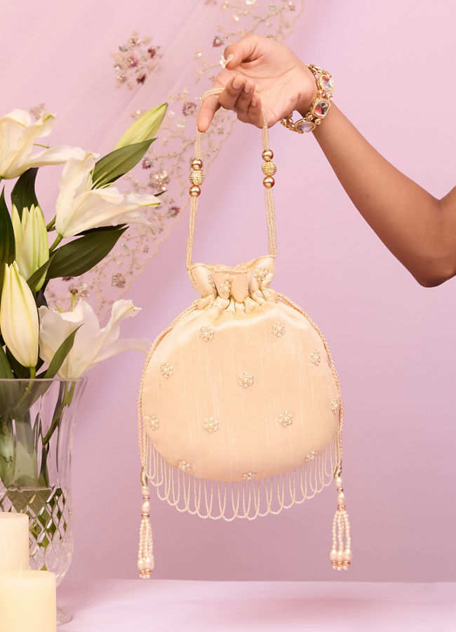 Mohey Women Cream Art Silk Potli Bag