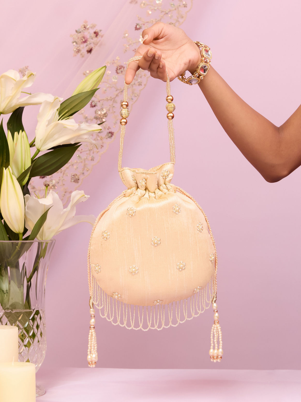 Mohey Women Cream Art Silk Potli Bag