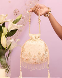 Mohey Women Cream Art Silk Potli Bag
