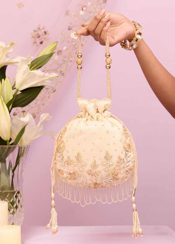 Mohey Women Cream Art Silk Potli Bag