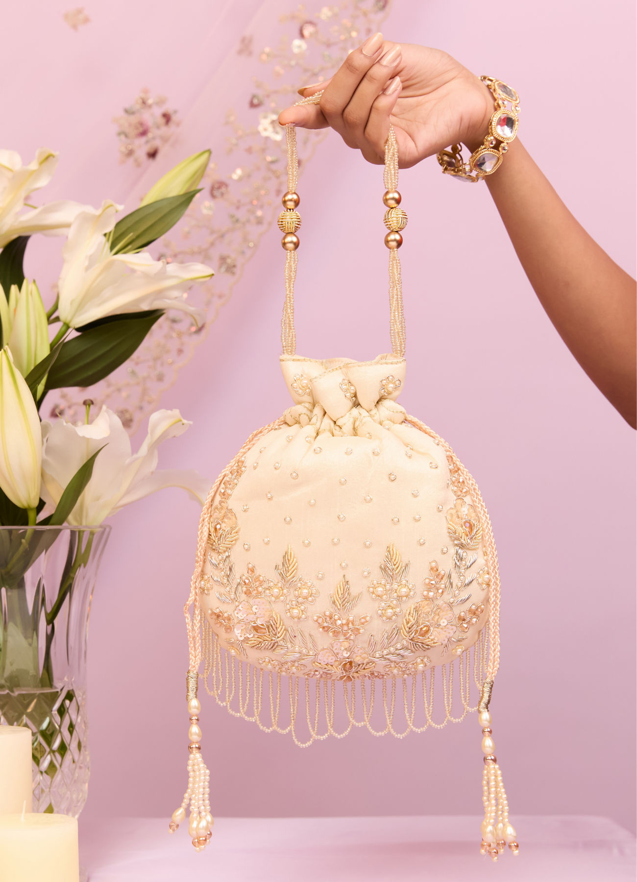 Mohey Women Cream Art Silk Potli Bag