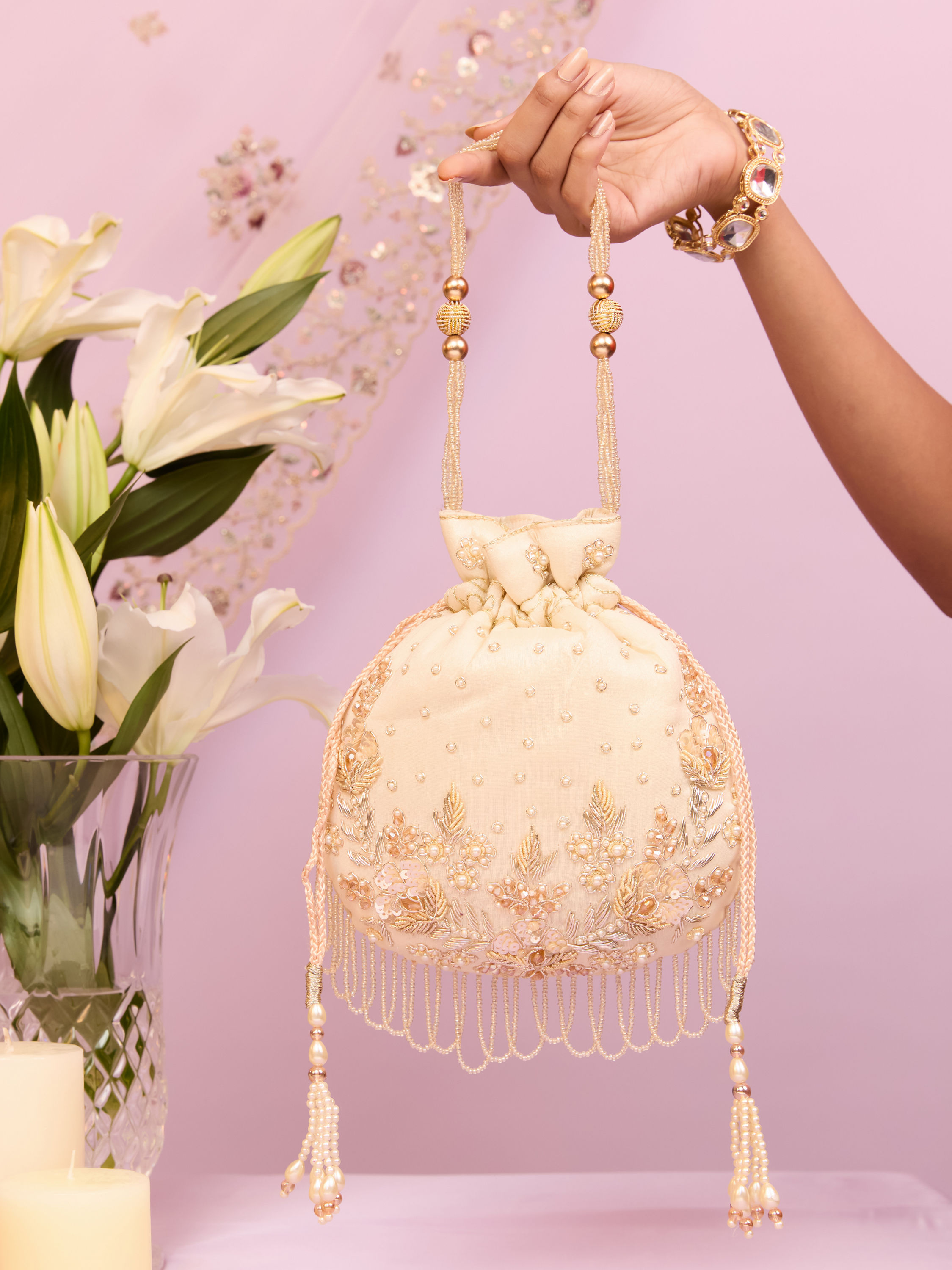 Mohey Women Cream Art Silk Potli Bag