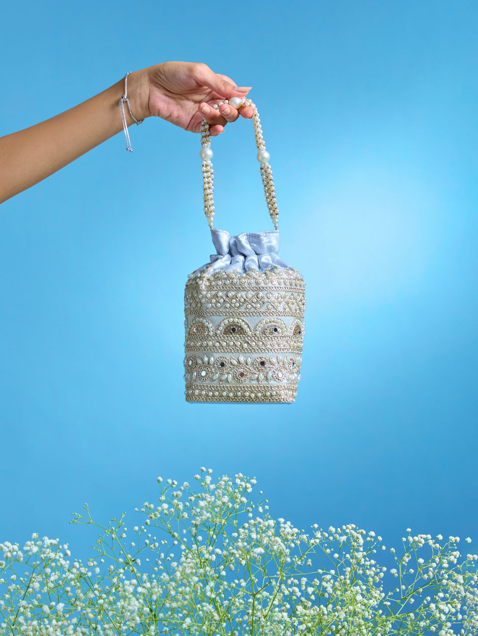 Mohey Women Enchanting Grey Silk Potli Bag