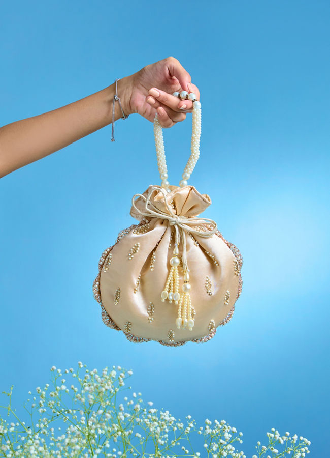 Mohey Women Elegant Beige Satin Potli Bag