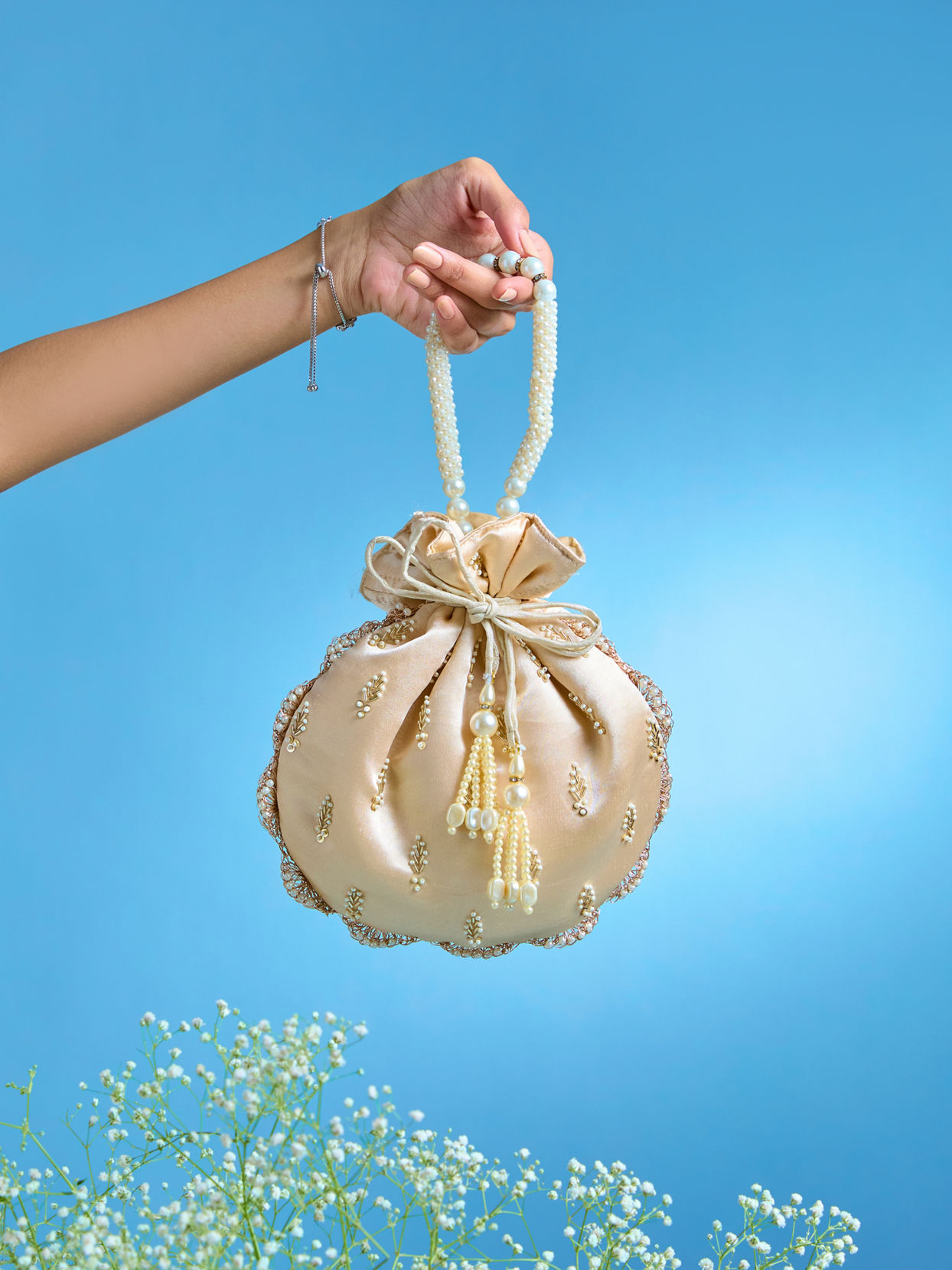 Mohey Women Elegant Beige Satin Potli Bag