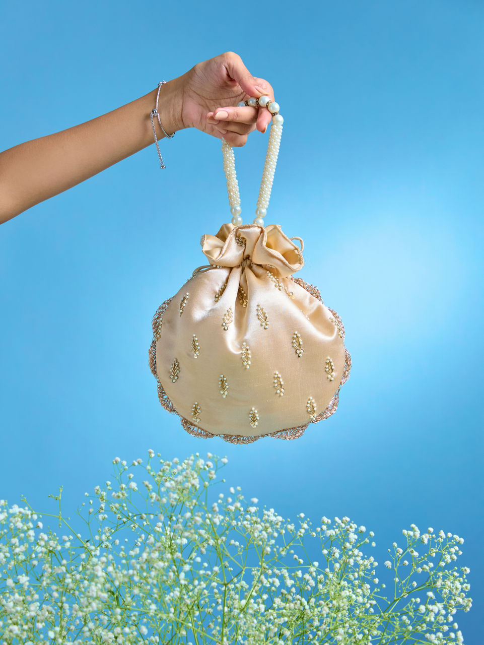 Mohey Women Elegant Beige Satin Potli Bag