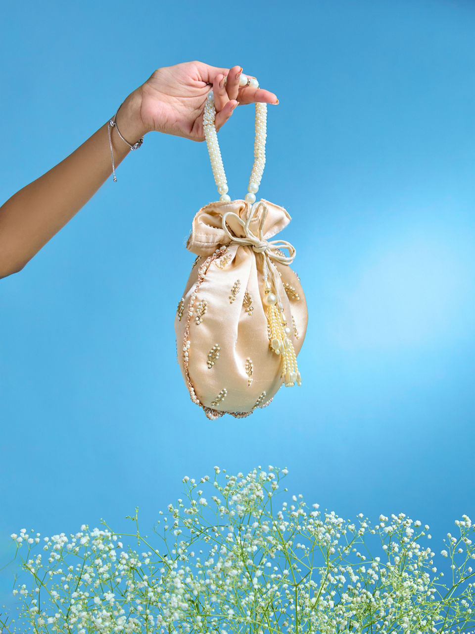 Mohey Women Elegant Beige Satin Potli Bag