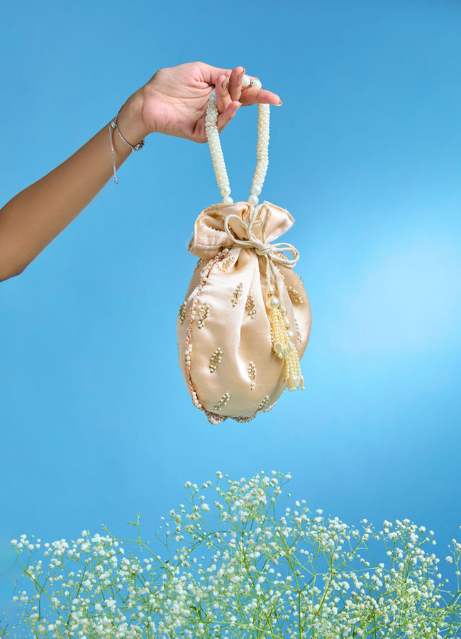 Mohey Women Elegant Beige Satin Potli Bag