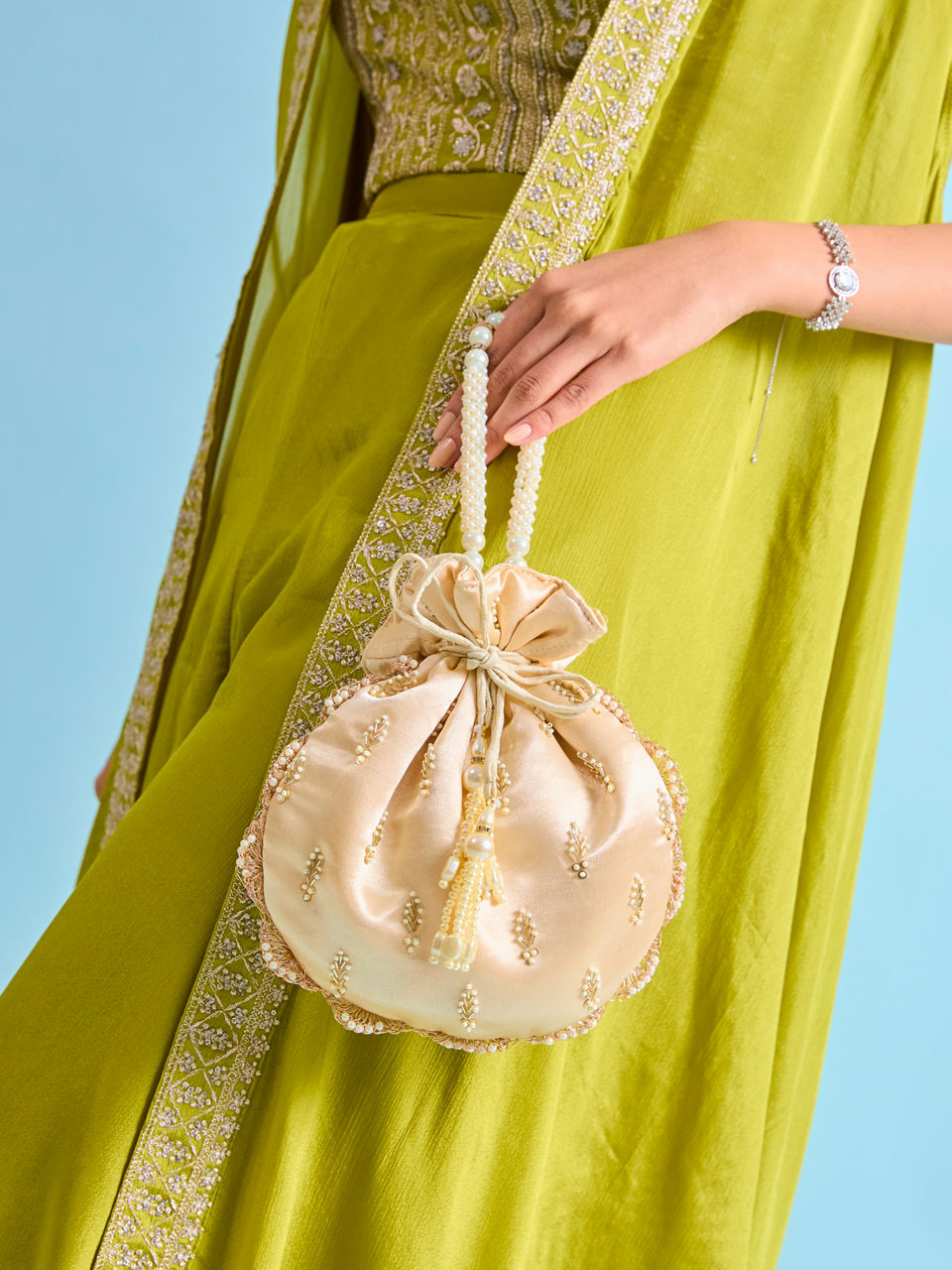 Mohey Women Elegant Beige Satin Potli Bag