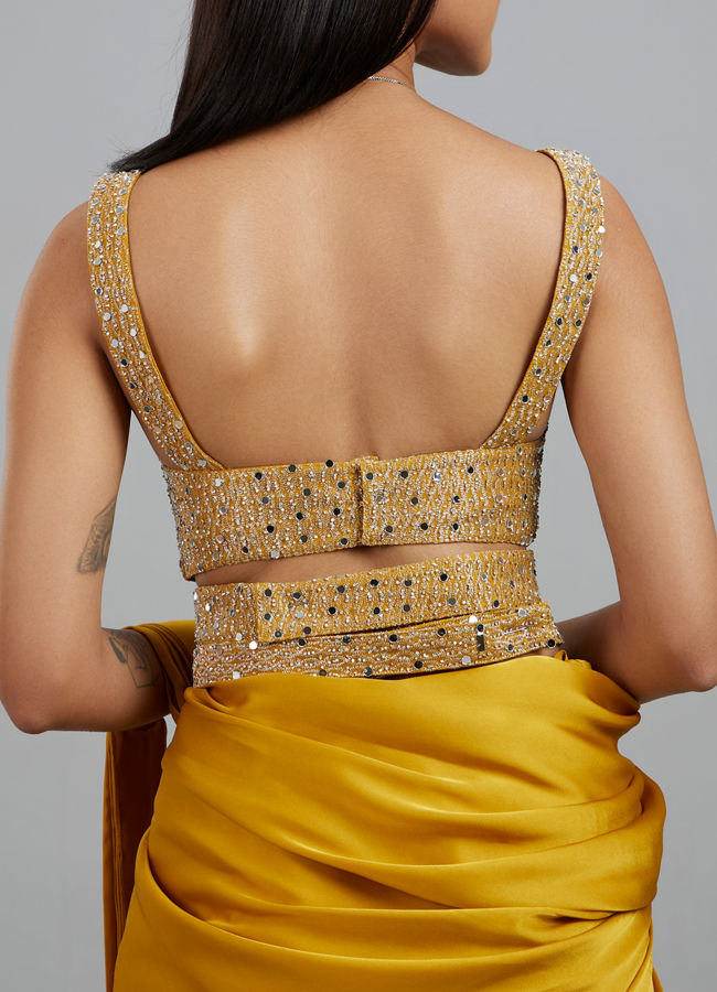 Mohey Women Yellow Satin Elegance Pre Draped Saree