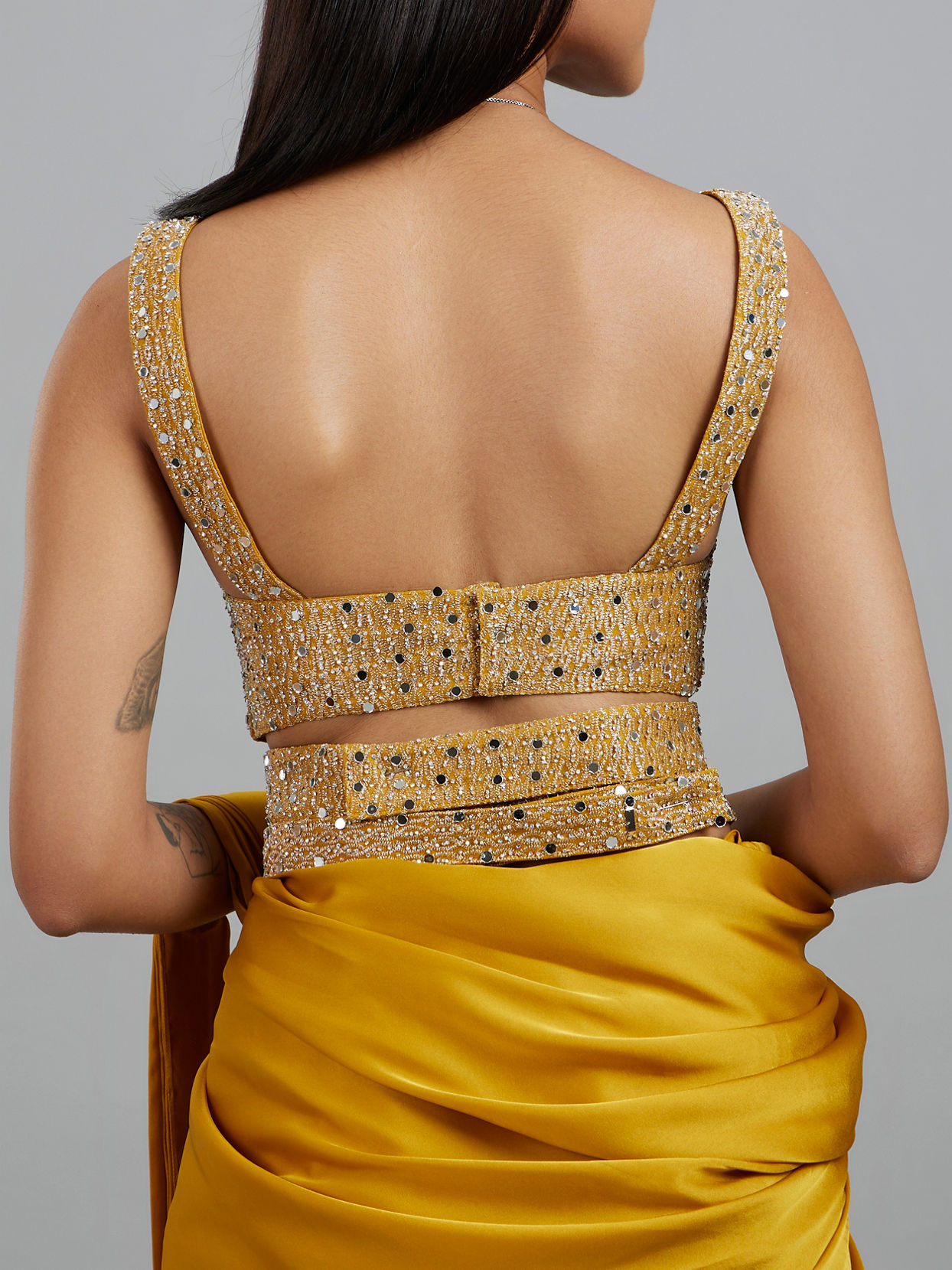 Mohey Women Yellow Satin Elegance Pre Draped Saree