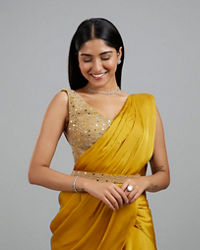 Mohey Women Yellow Satin Elegance Pre Draped Saree