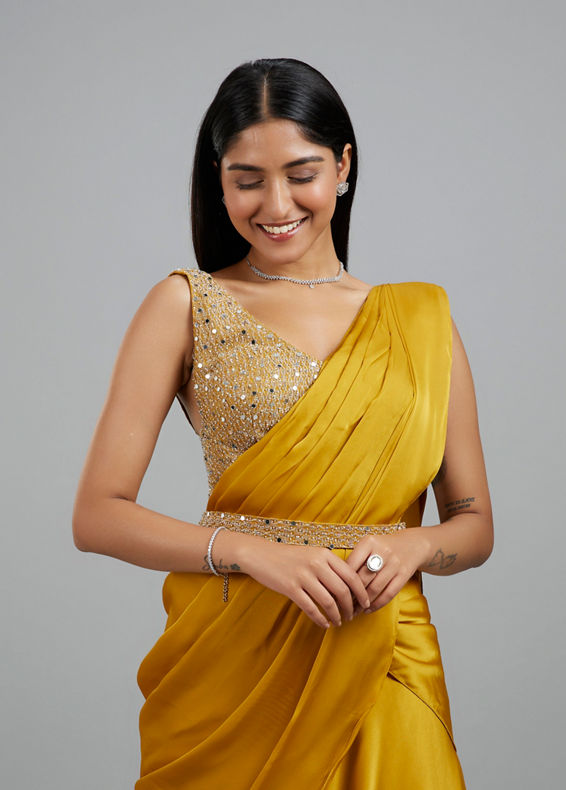 Mohey Women Yellow Satin Elegance Pre Draped Saree