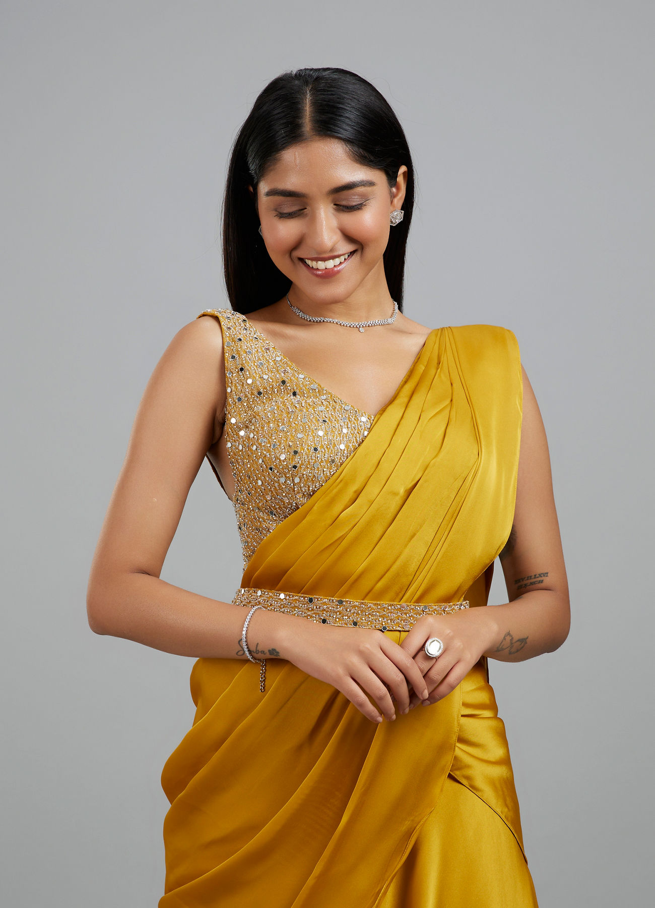 Mohey Women Yellow Satin Elegance Pre Draped Saree