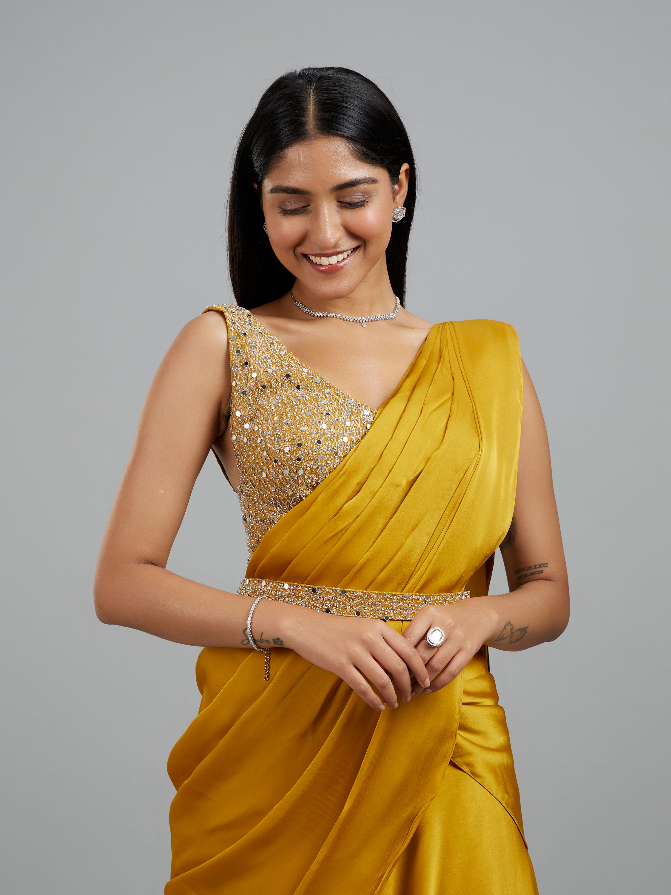 Mohey Women Yellow Satin Elegance Pre Draped Saree