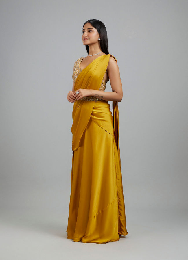Mohey Women Yellow Satin Elegance Pre Draped Saree