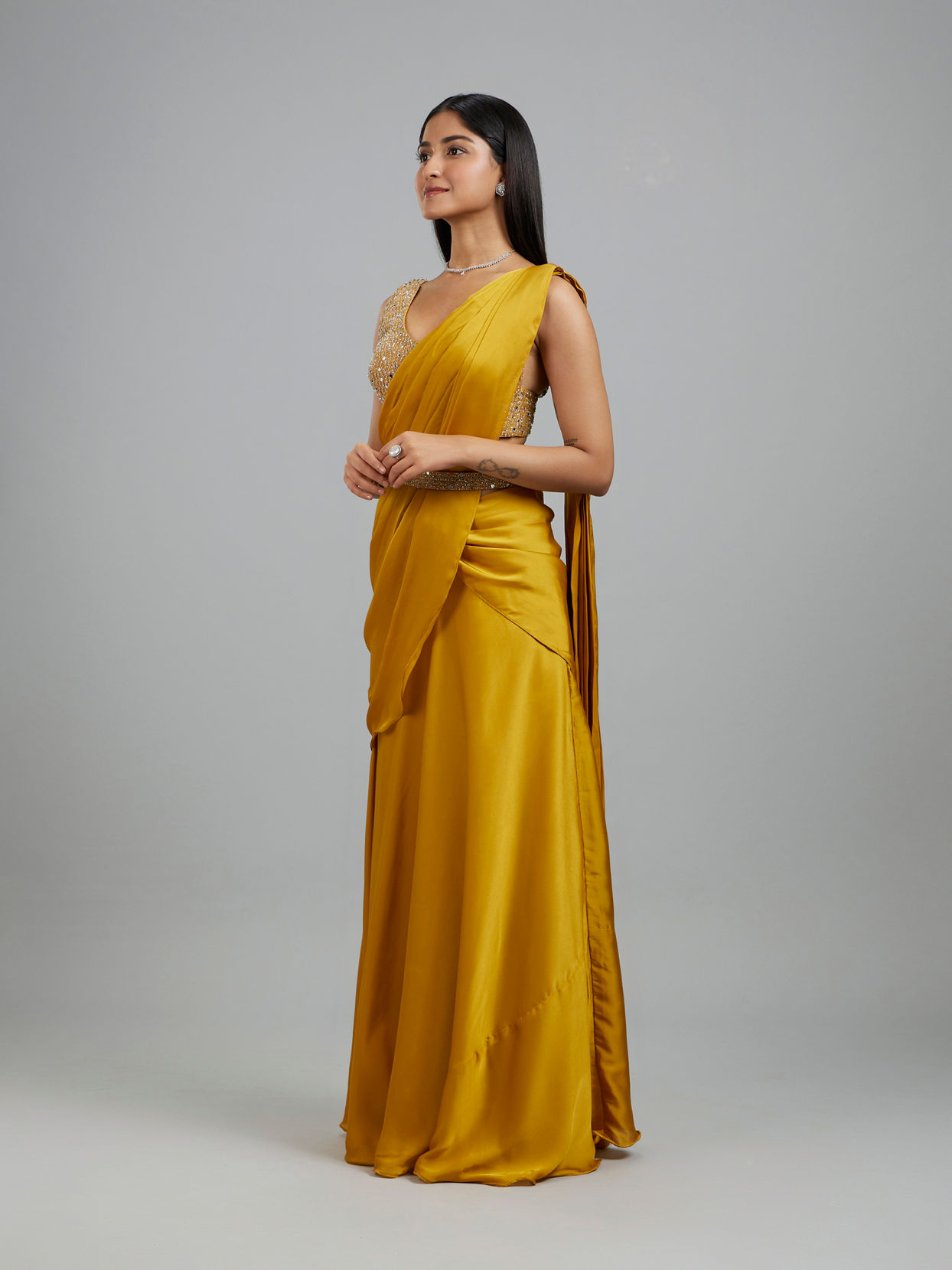 Mohey Women Yellow Satin Elegance Pre Draped Saree