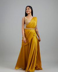 Mohey Women Yellow Satin Elegance Pre Draped Saree