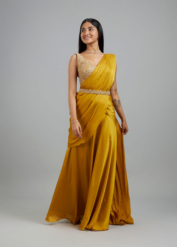 Mohey Women Yellow Satin Elegance Pre Draped Saree