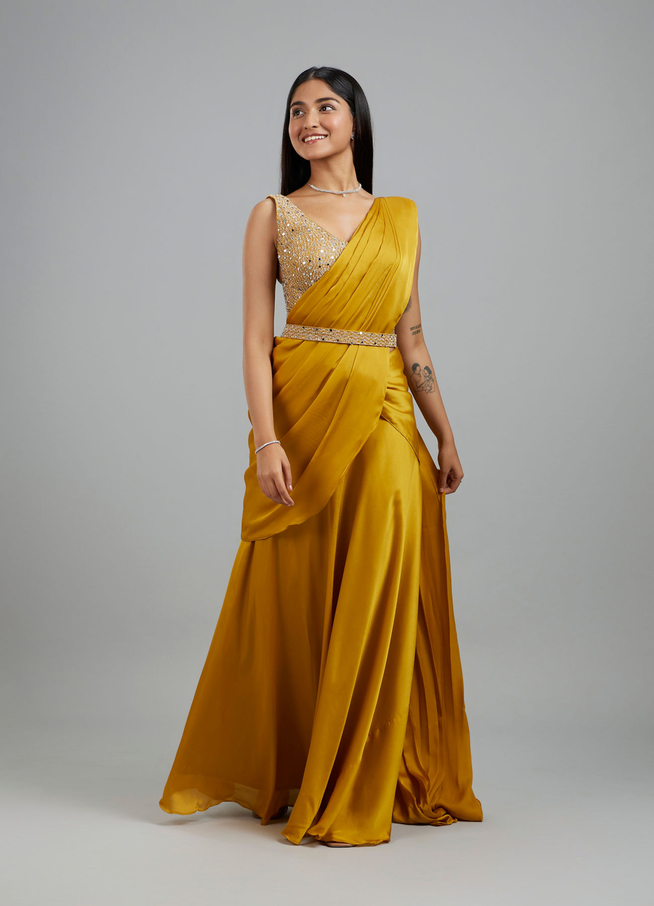 Mohey Women Yellow Satin Elegance Pre Draped Saree