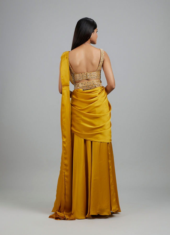 Mohey Women Yellow Satin Elegance Pre Draped Saree
