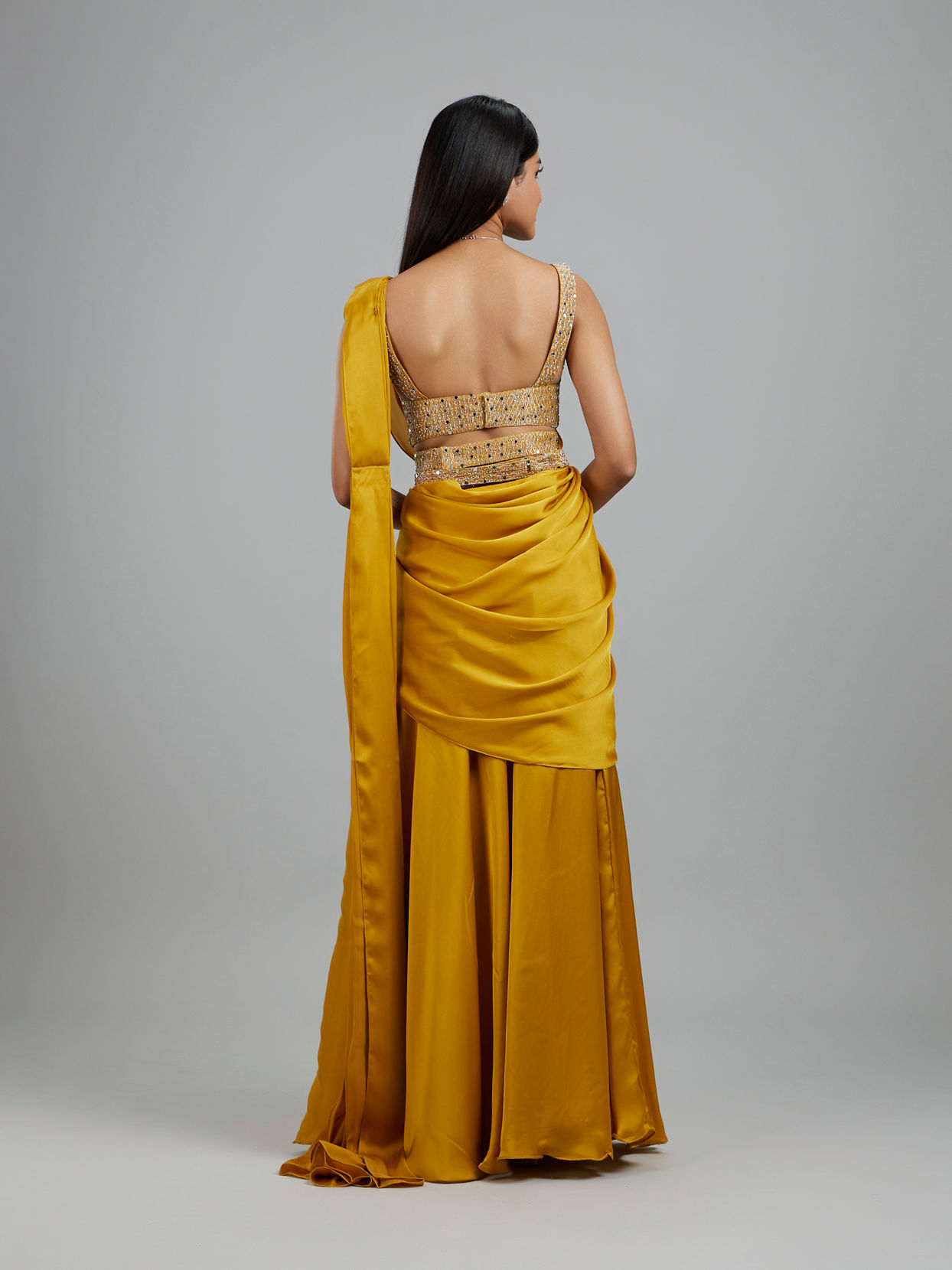 Mohey Women Yellow Satin Elegance Pre Draped Saree