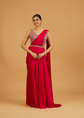 Mohey Women Ravishing Pink Pre Draped Saree