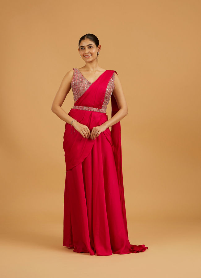 Mohey Women Ravishing Pink Pre Draped Saree