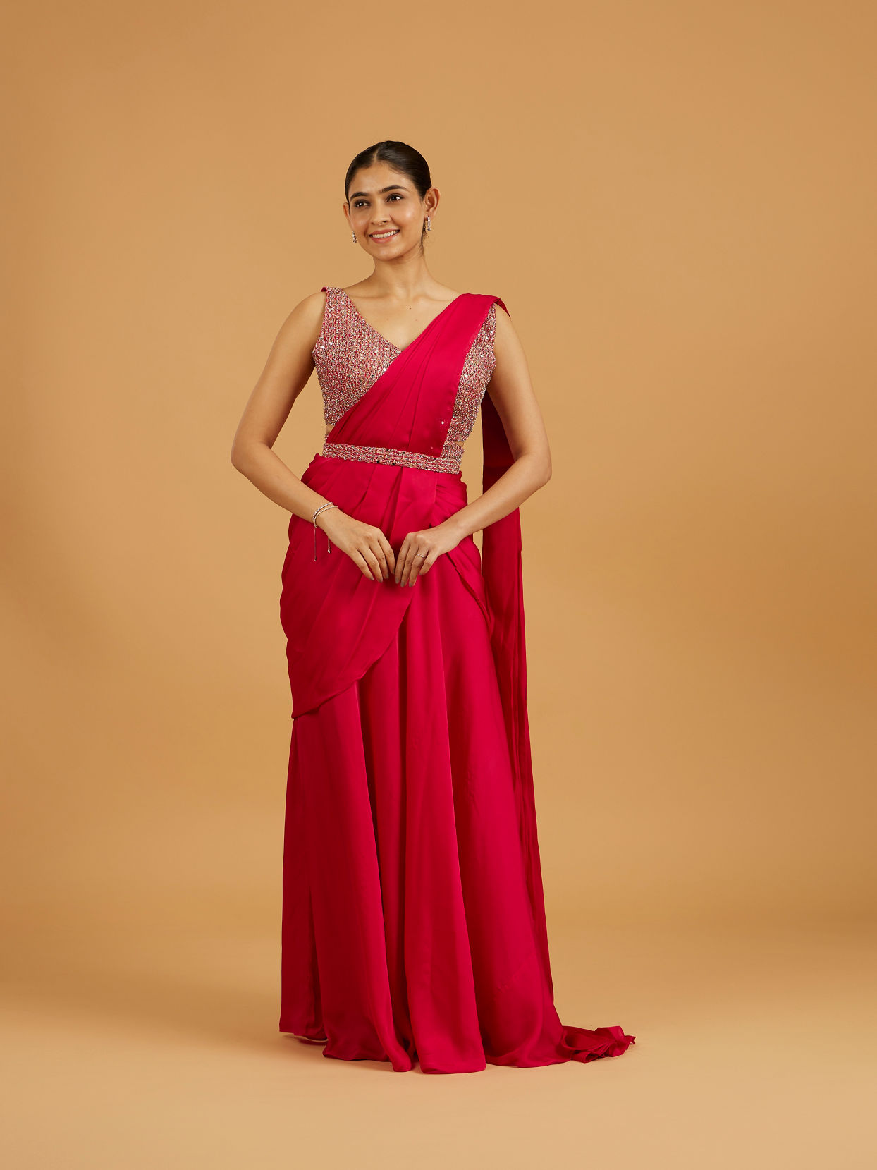 Mohey Women Ravishing Pink Pre Draped Saree