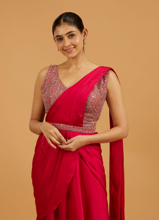 Mohey Women Ravishing Pink Pre Draped Saree