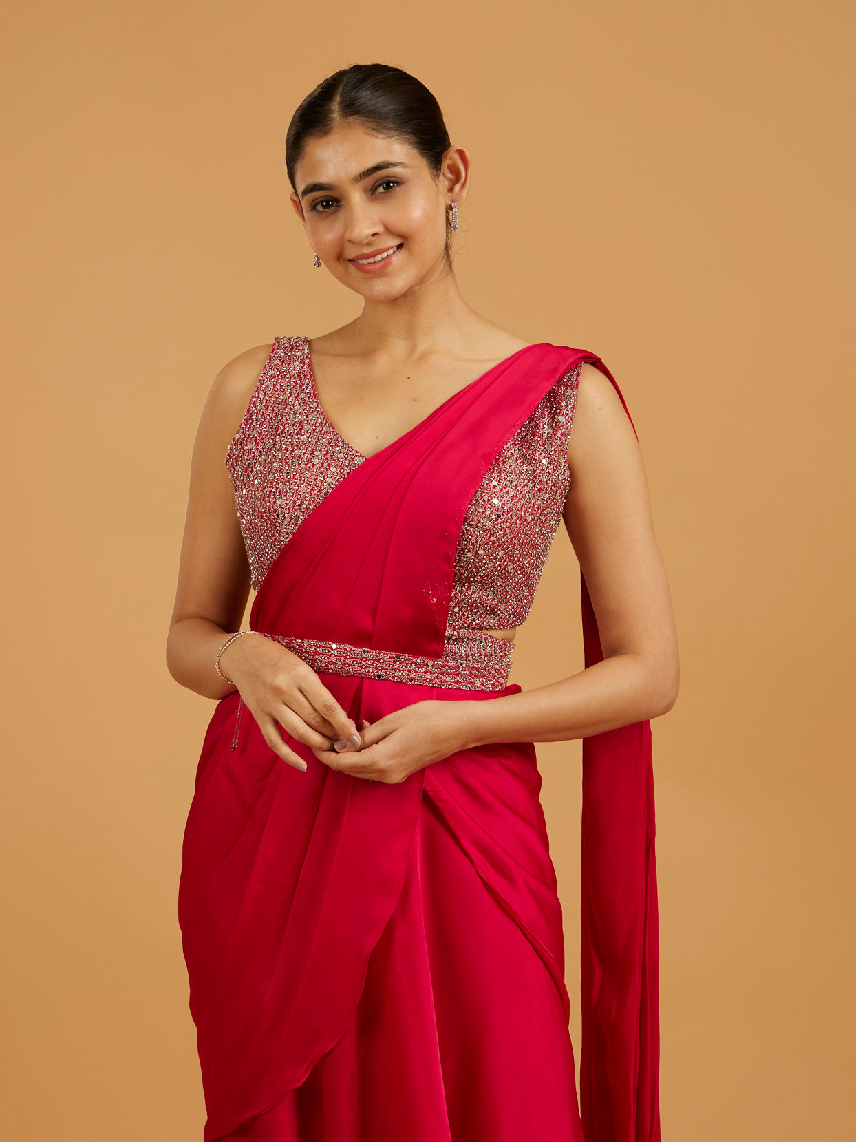 Mohey Women Ravishing Pink Pre Draped Saree