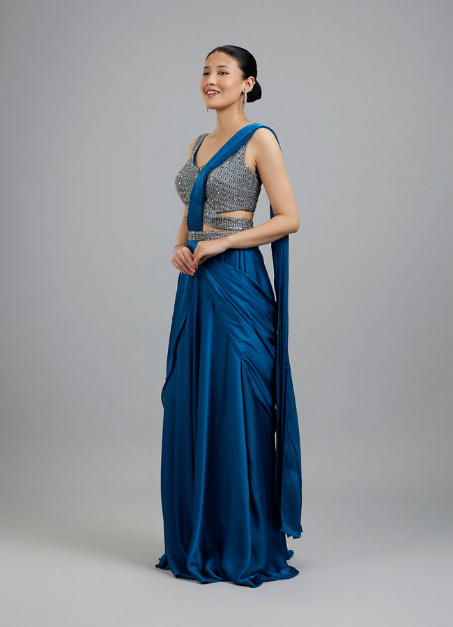 Mohey Women Elegant Satin Pre Draped Saree