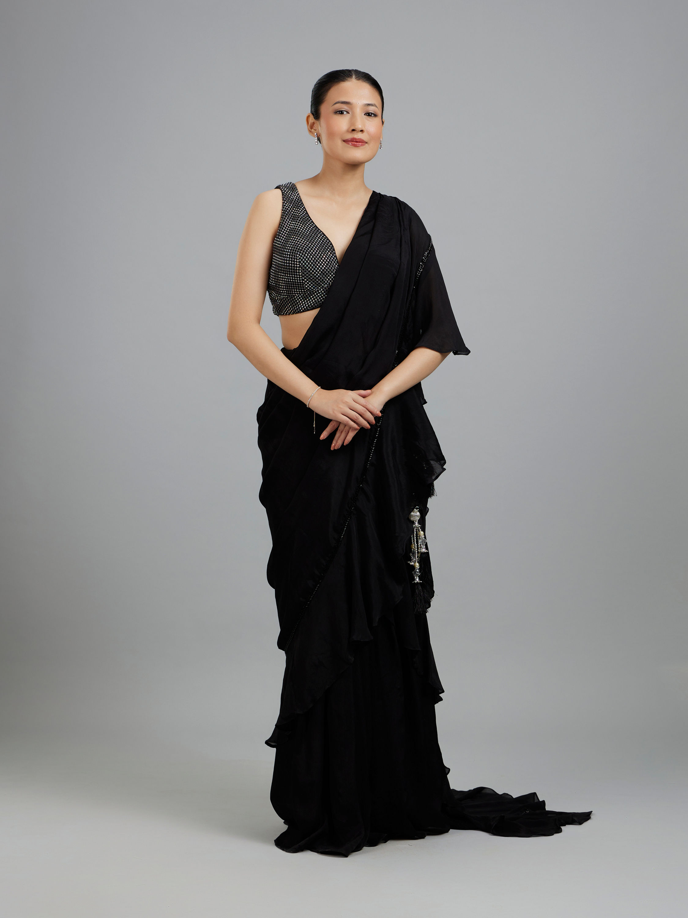 Mohey Women Elegant Black Pre Draped Saree