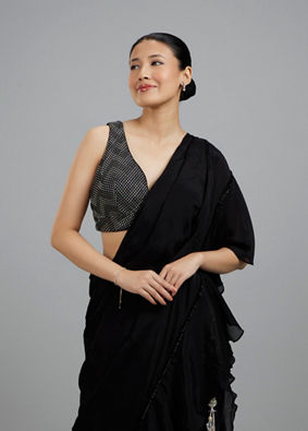 Mohey Women Elegant Black Pre Draped Saree
