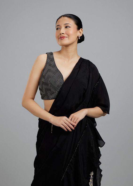Mohey Women Elegant Black Pre Draped Saree