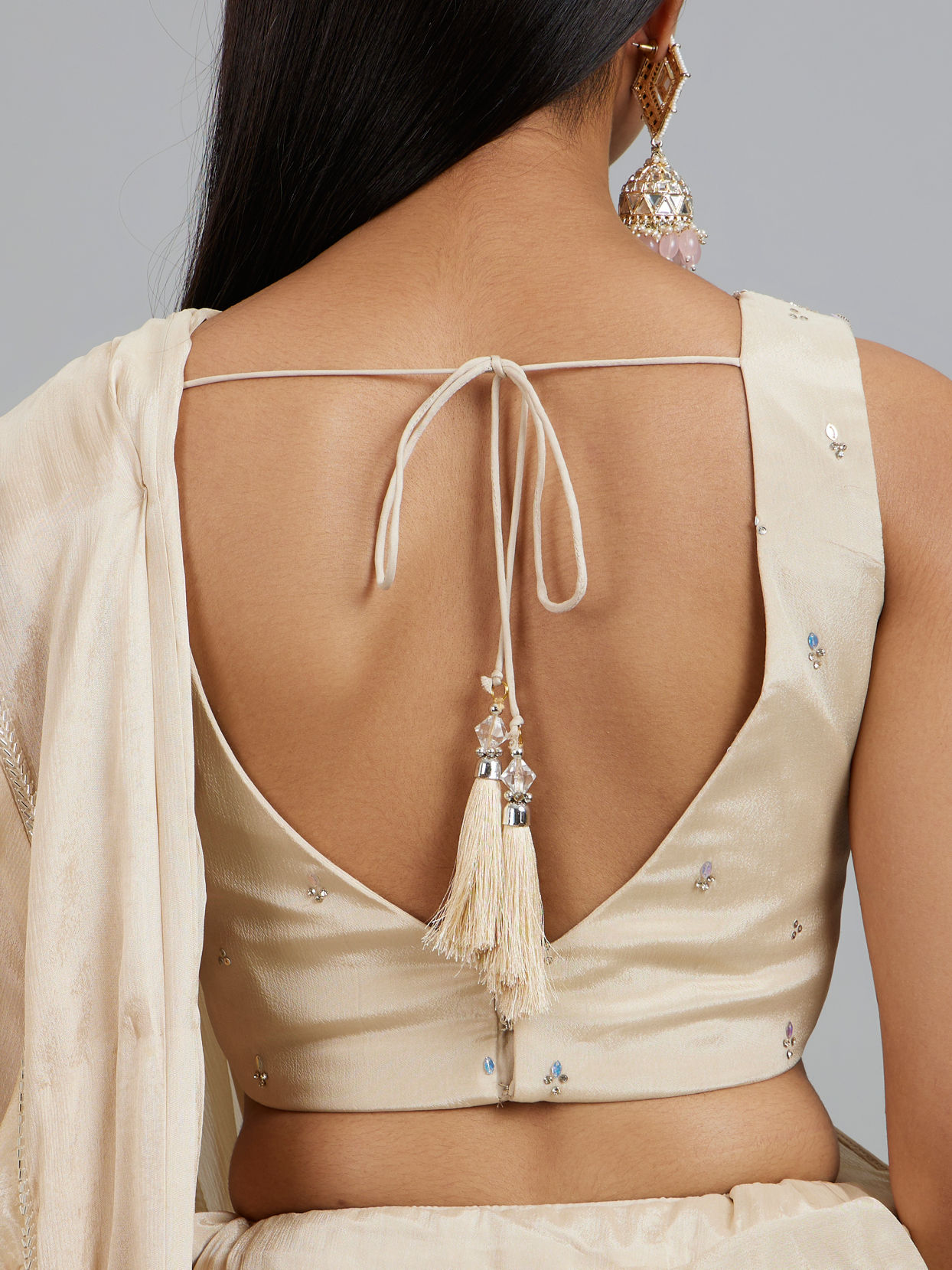 Mohey Women Elegant Cream Pre Draped Saree