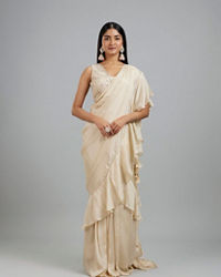 Mohey Women Elegant Cream Pre Draped Saree