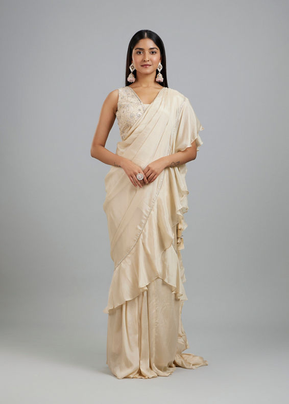 Mohey Women Elegant Cream Pre Draped Saree