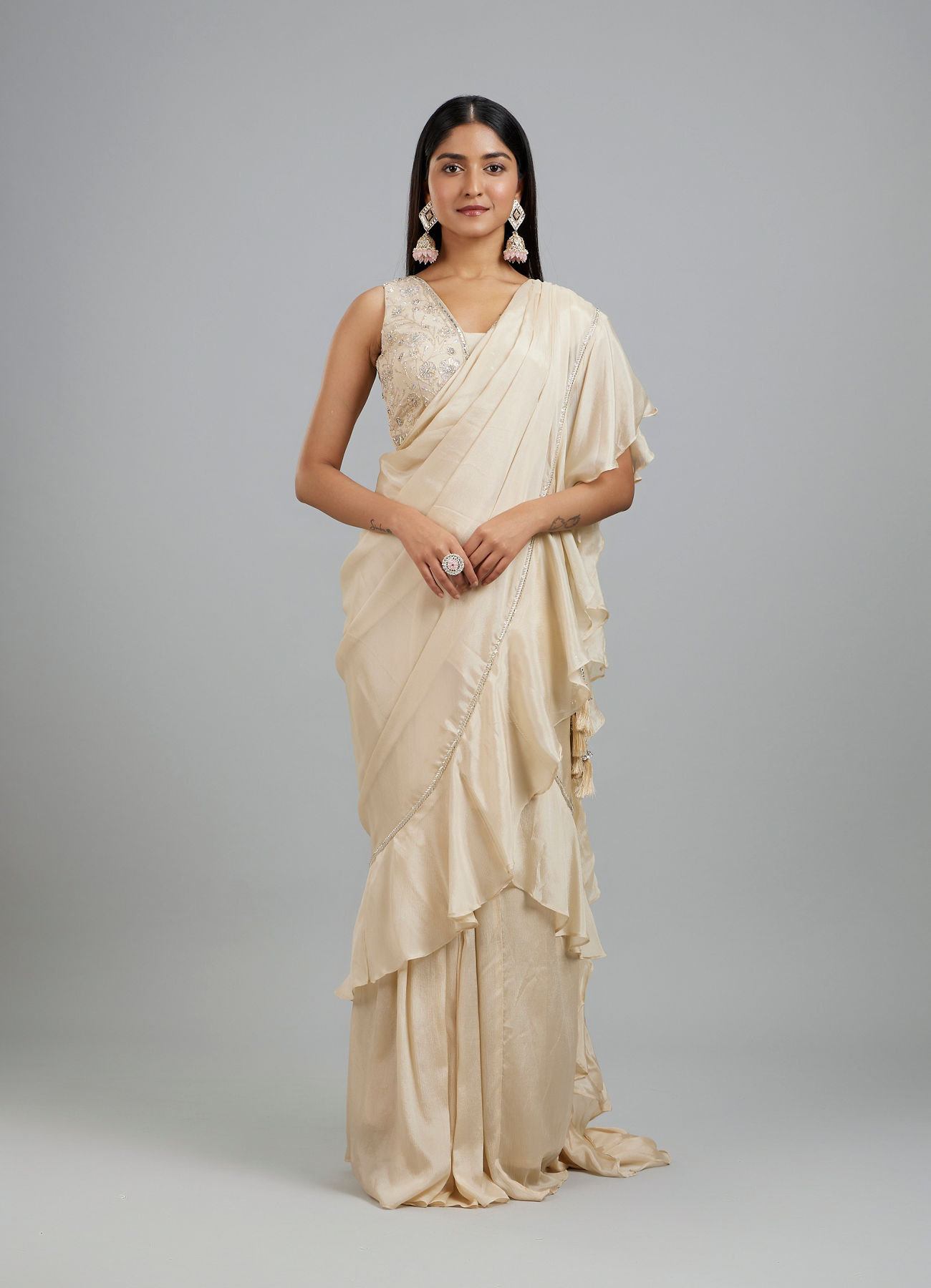 Mohey Women Elegant Cream Pre Draped Saree