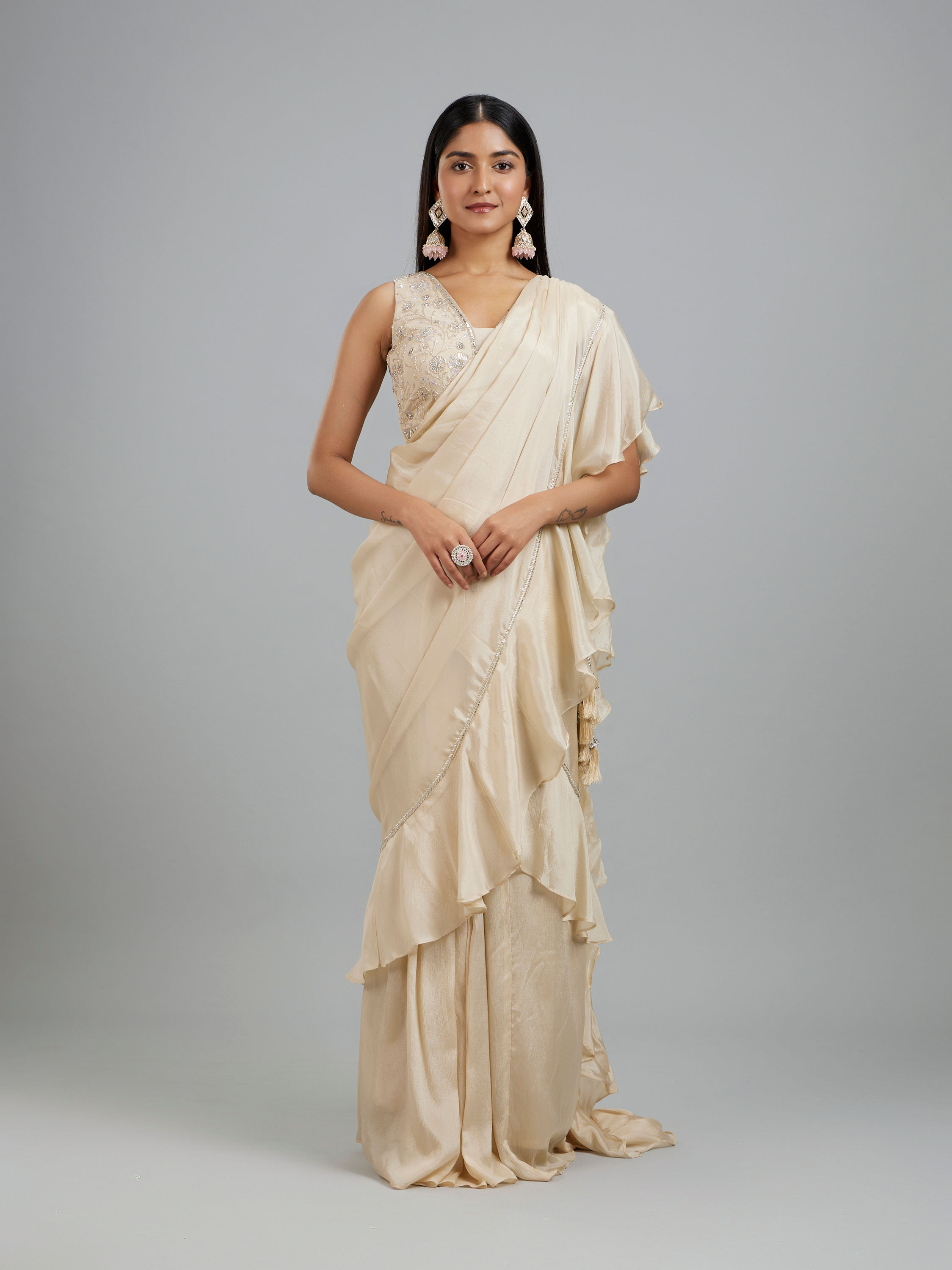 Mohey Women Elegant Cream Pre Draped Saree