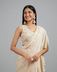 Mohey Women Elegant Cream Pre Draped Saree